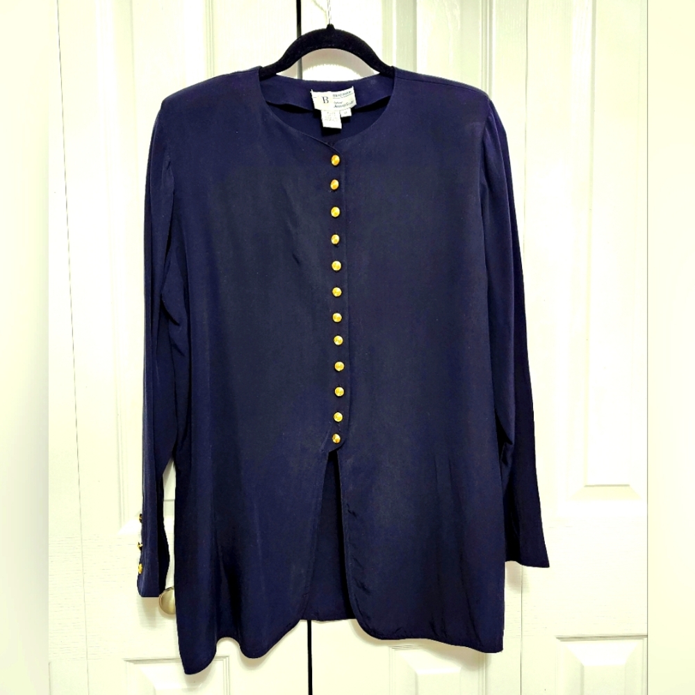 Braemar by Jeremy Scott 100% Silk Top, Navy Blue Gold Buttons Blouse Size 10
